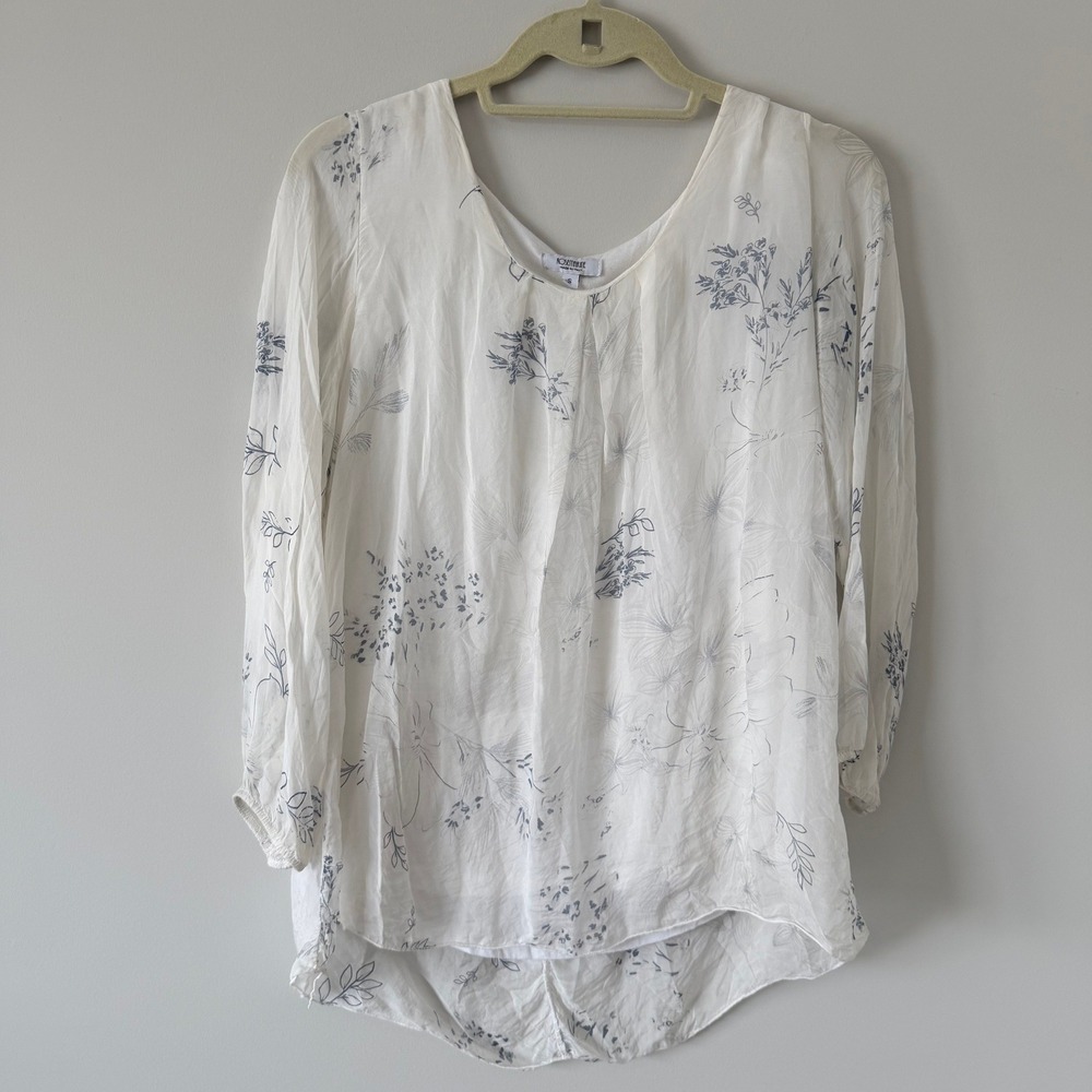 Rosemarine Italy 100% Silk Floral Blouse White Blue Long Sleeve Lined‎ Top Small